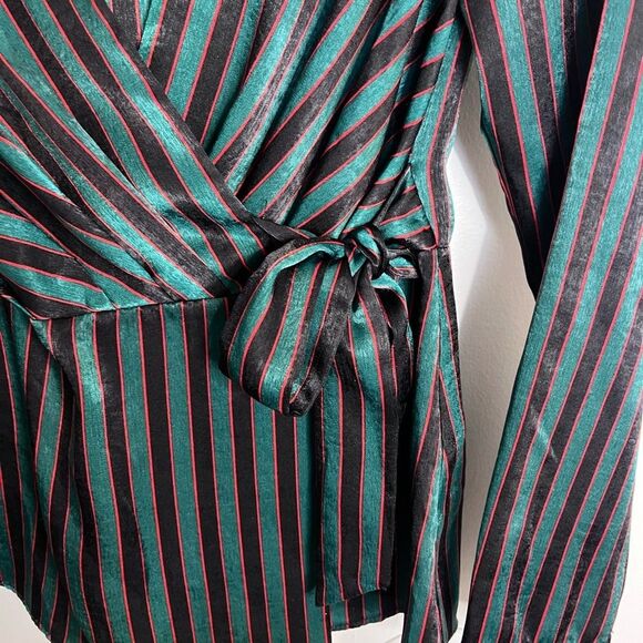 Zara Striped Sateen Wrap Blouse Medium Black - Picture 4 of 9